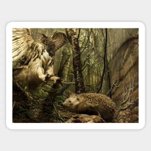 Natural environment diorama - A owl attacking a hedgehog Sticker